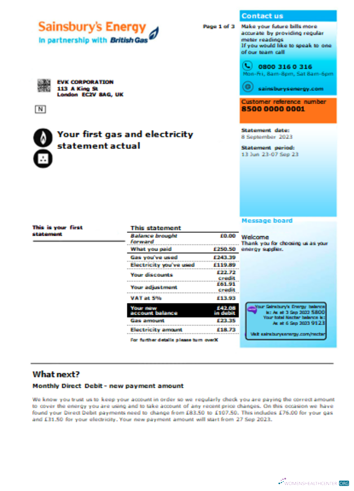 Download Sainsbury  Energy (British Gas) business utility bill, page 1, SCR Photoshop template